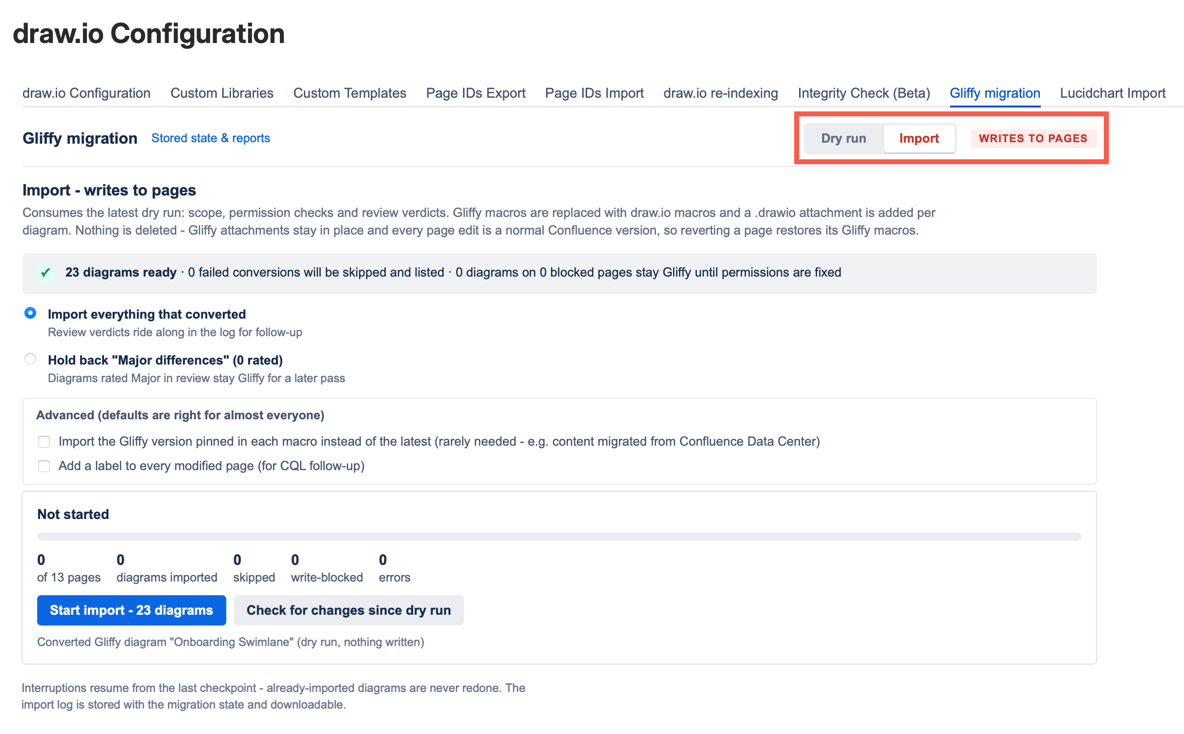 Select the Import tab to convert the Gliffy diagrams in the spaces you have already tested with a dry run