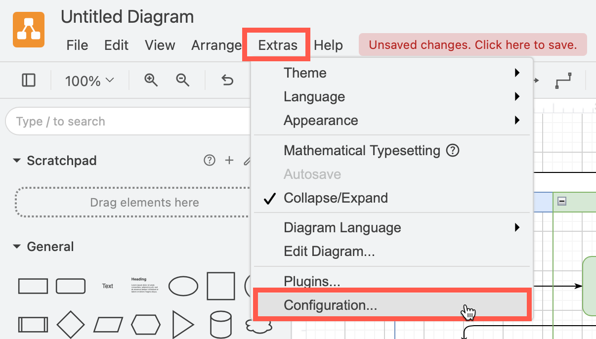 Access the draw.io configuration via Extras - Configuration